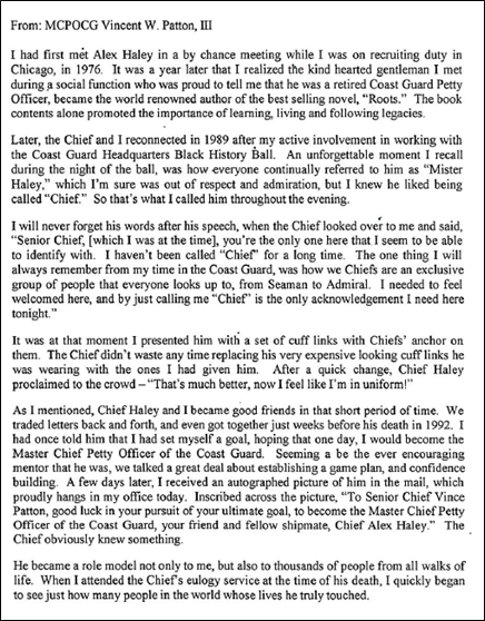 MCPOCG Vince Patton Letter about Alex Haley MCPOCG Vince Patton Letter about Alex Haley